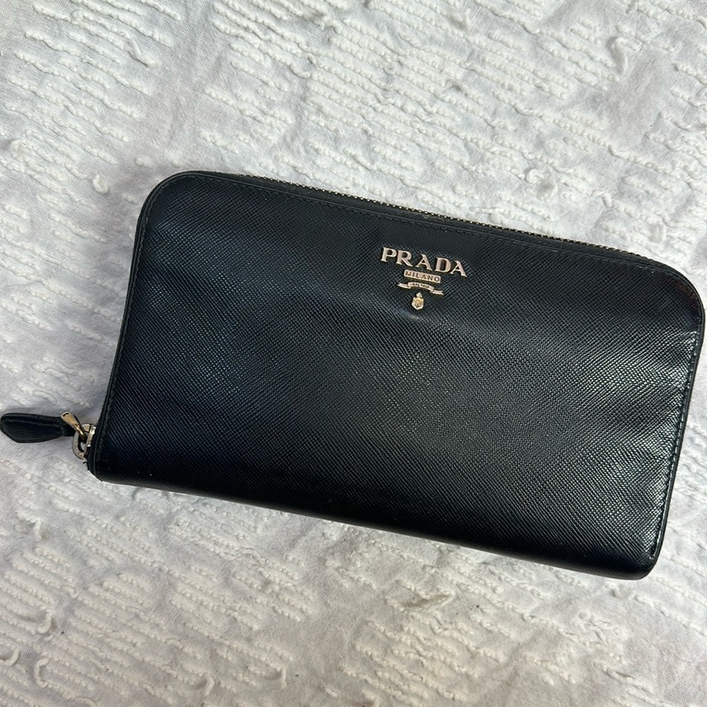 Prada Saffiano Leather Zippered Long Wallet Black Gold Logo